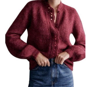 Sezane Angie Cardigan Sweater Women’s Size Small Burgundy Mohair Wool Knit Shirt